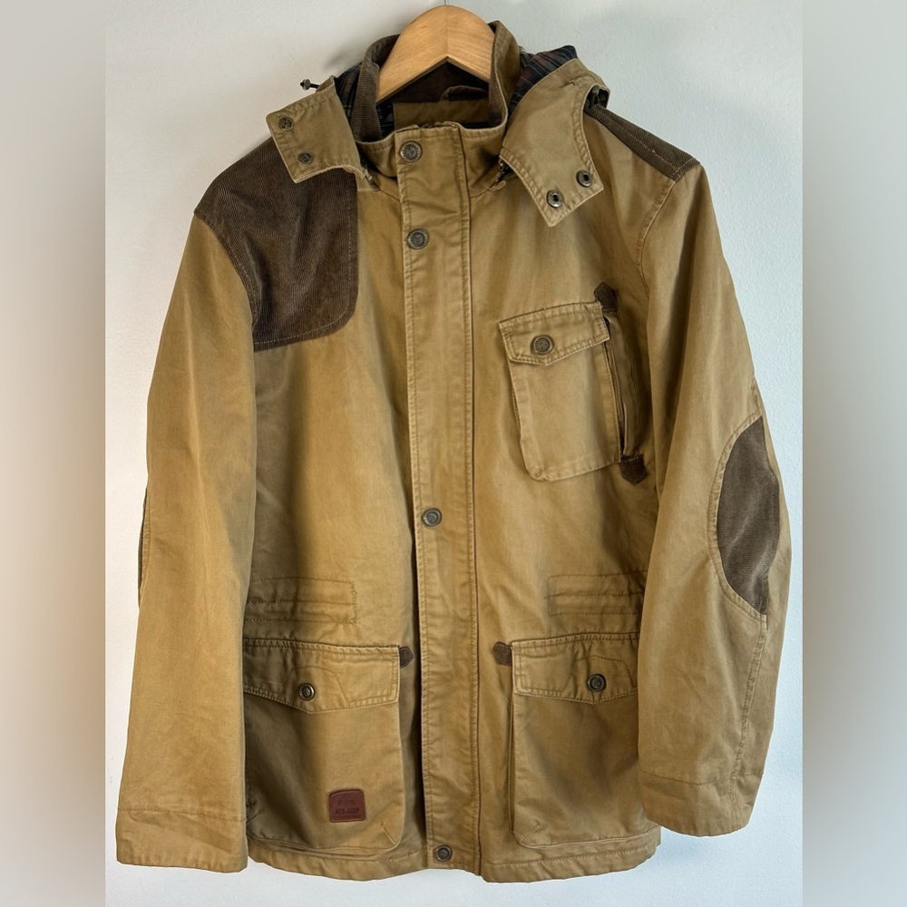 AFS JEEP Men's Lined Field Utility Tan Zip Up Insulated Hooded Jacket M Like New